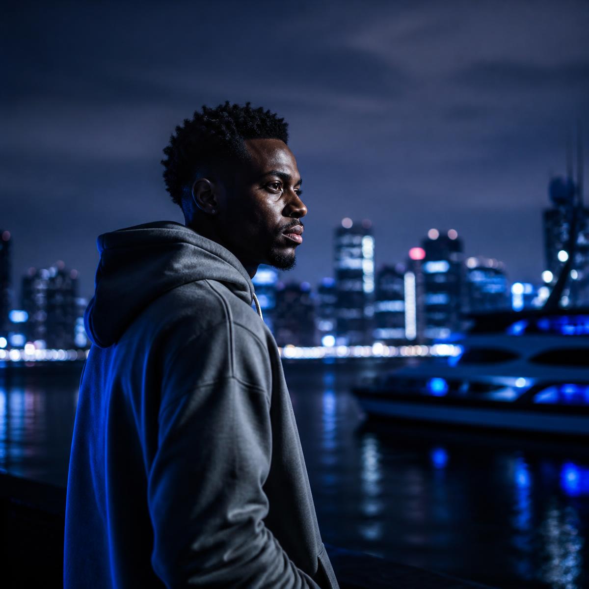 Trader on a city waterfront at night